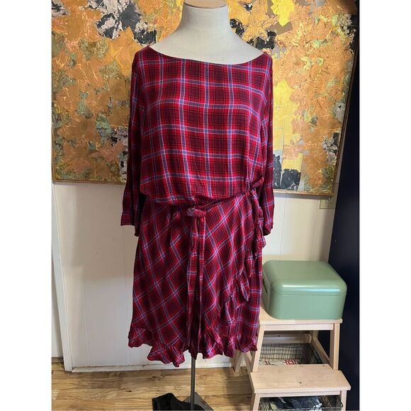 NWT GAP Red & Blue Plaid Faux-Wrap Ruffle Hem Dress XL - Picture 2 of 8